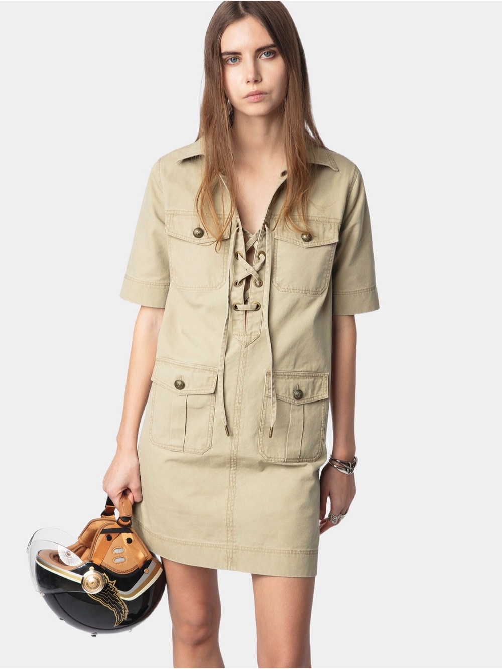 Zadig & Voltaire Khaki Lace Up Safari Dress Medium NWT